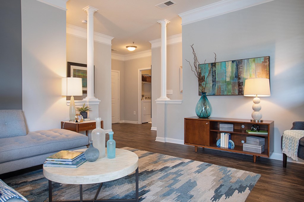 a living room with a couch and a table