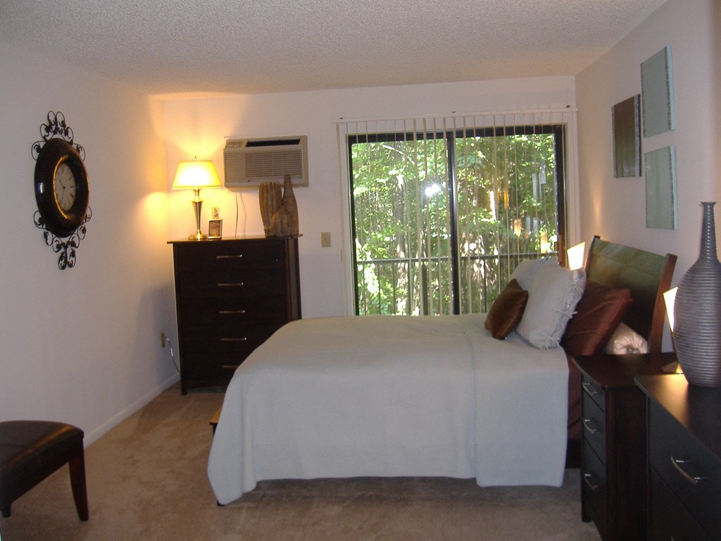 a bedroom with a bed and a window