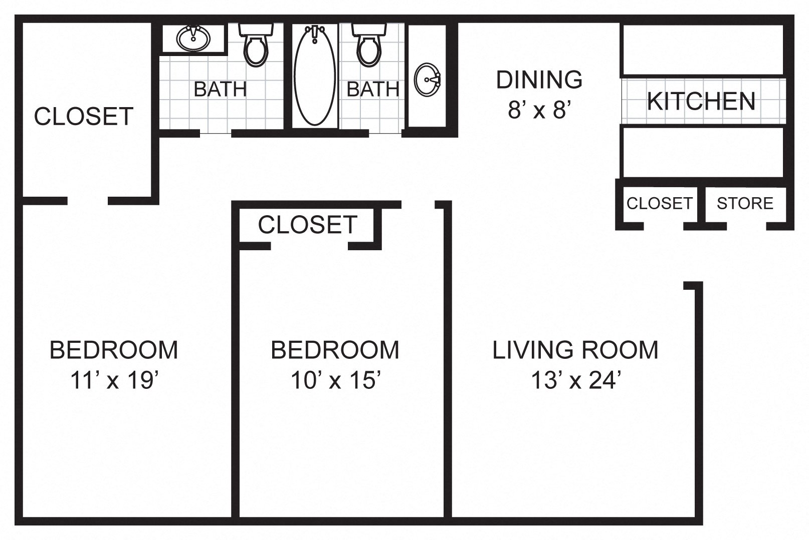 Two Bedroom Floor Plan at Eastwood, Tyler, Texas