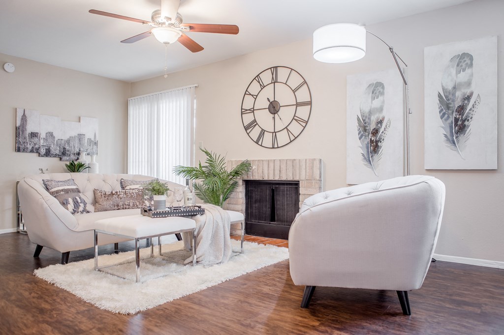 Living Room With Ceiling Fan at Plaza DeVille, San Antonio, Texas