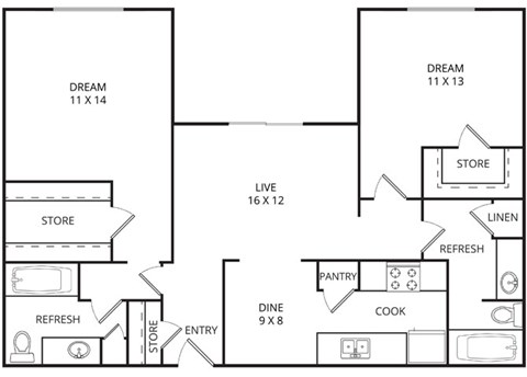 Oak 2 Bed | 2 Bath | 1150 Sq. Ft. at Wildwood, Temple, TX, 76504
