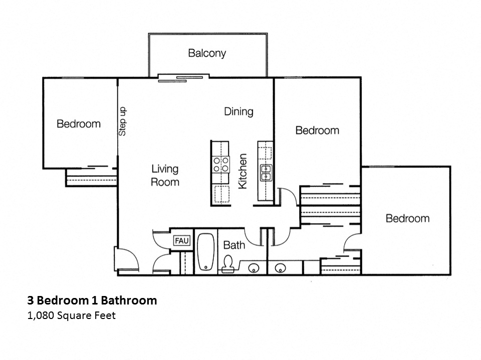 3x1 3 Bedroom One Bathroom, at Monte Vista Apartment Homes, La Verna, CA