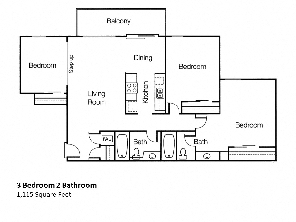 3x2 Three Bedroom Two Bathroom Floor Plan in Monte Vista Apartment Homes in La Verne, 91750