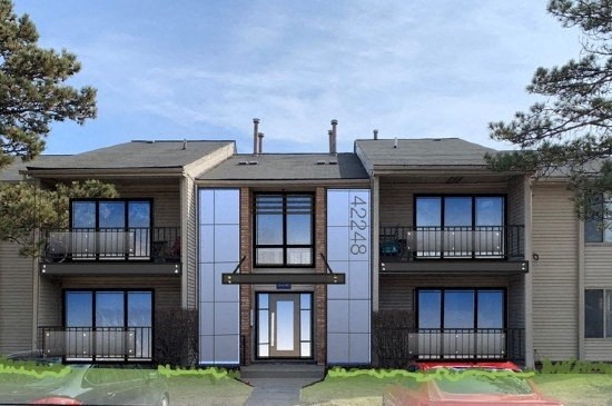 a rendering of an apartment building with windows and balconies