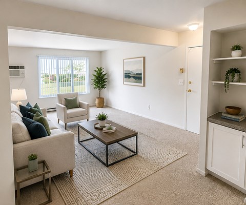 A living room with a white couch, a coffee table, and a painting on the wall.