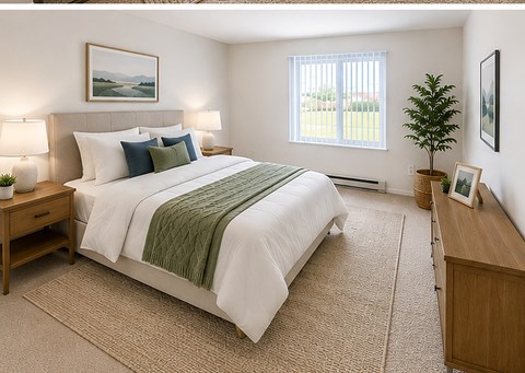 A bedroom with a large bed and a small tree.
