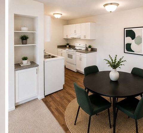 A kitchen with a table and chairs in the foreground and a sink and cabinets in the background.