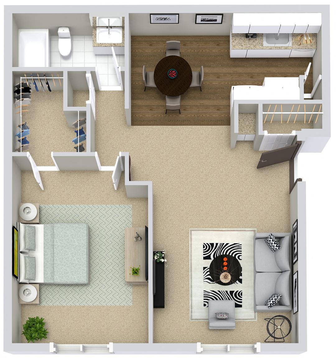 1 bedroom newly updated apartment with walk-in closet and efficient kitchen.