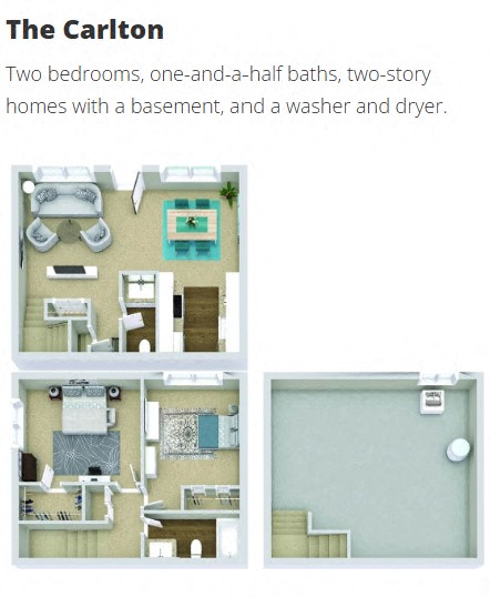 Two Bedroom, One and a Half bathrooms, two-story Town Home with a basement