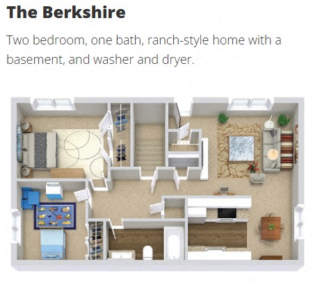 Two bedroom, one bath, ranch style home with a basement and washer and dryer