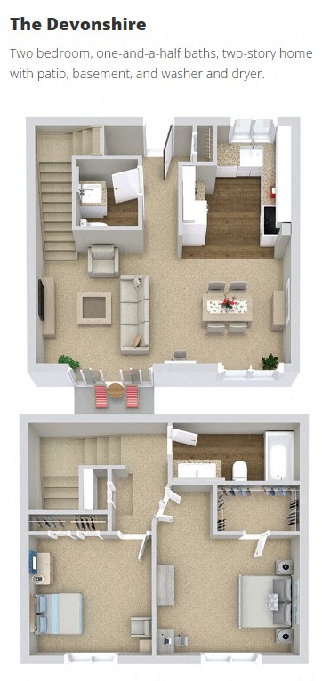 Two bedroom, two and a half bath - two story townhome with basement