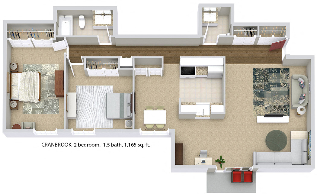 Newly upgraded apartment with white shaker cabinets, granite look countertops, re-done baths, lots of closet space, large dining area and private patio or balcony.