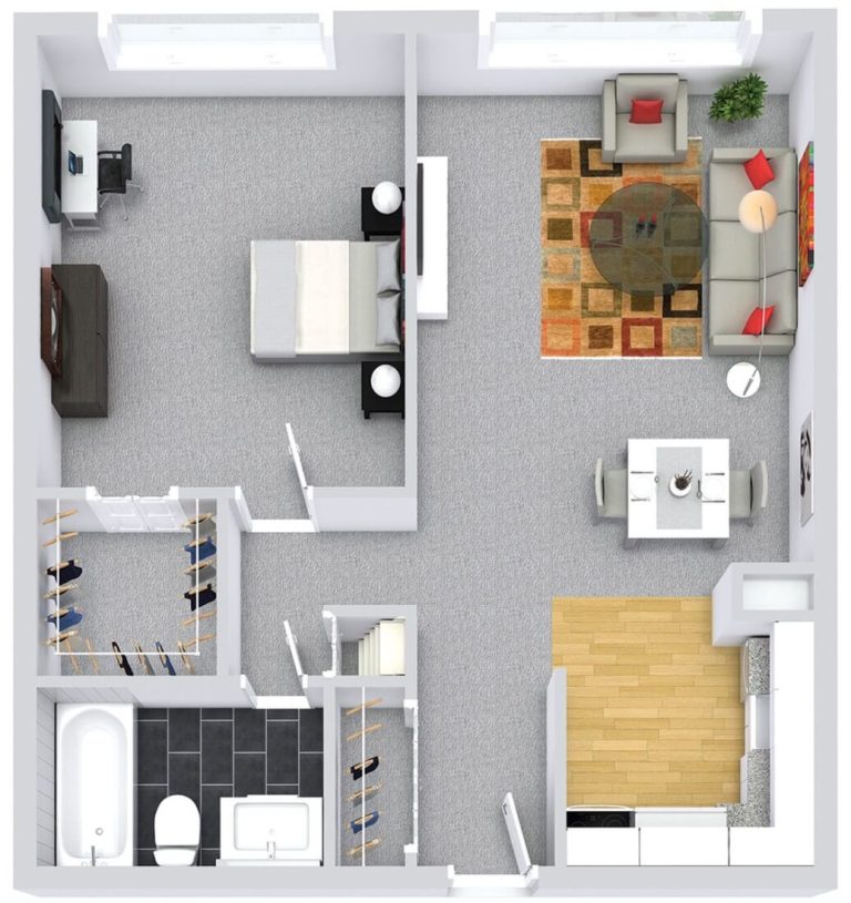 A top-down view of a small apartment with a kitchen, living room, and bathroom.