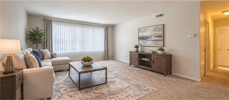 A living room with a couch, a coffee table, and a painting on the wall.
