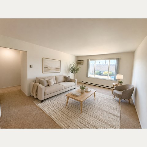 A living room with a couch, chair, and coffee table.