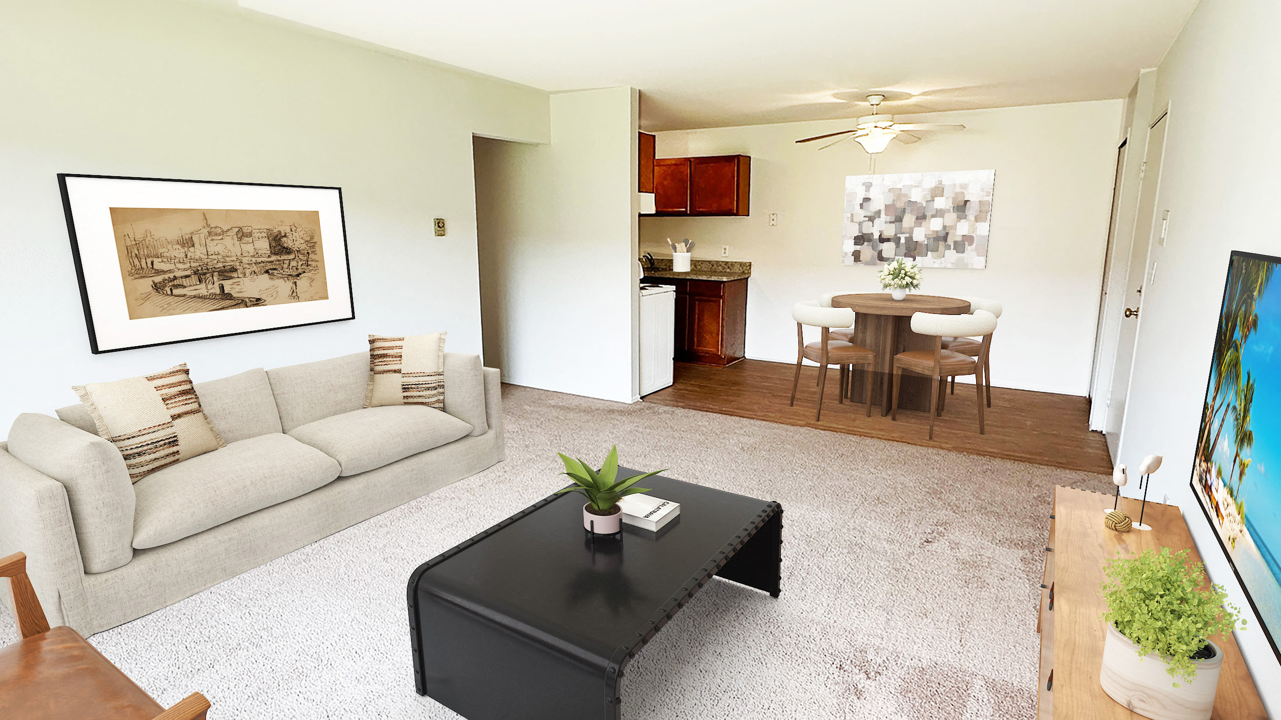 A living room with a couch, coffee table, and a painting on the wall.