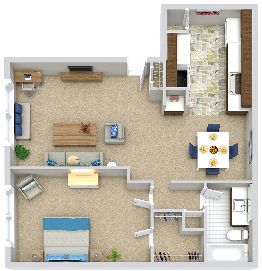 Modern kitchen & bath featuring white shaker-style cabinetry and black soapstone-look countertops, brushed nickel light fixtures and vinyl wood plank flooring in kitchens and dining areas.