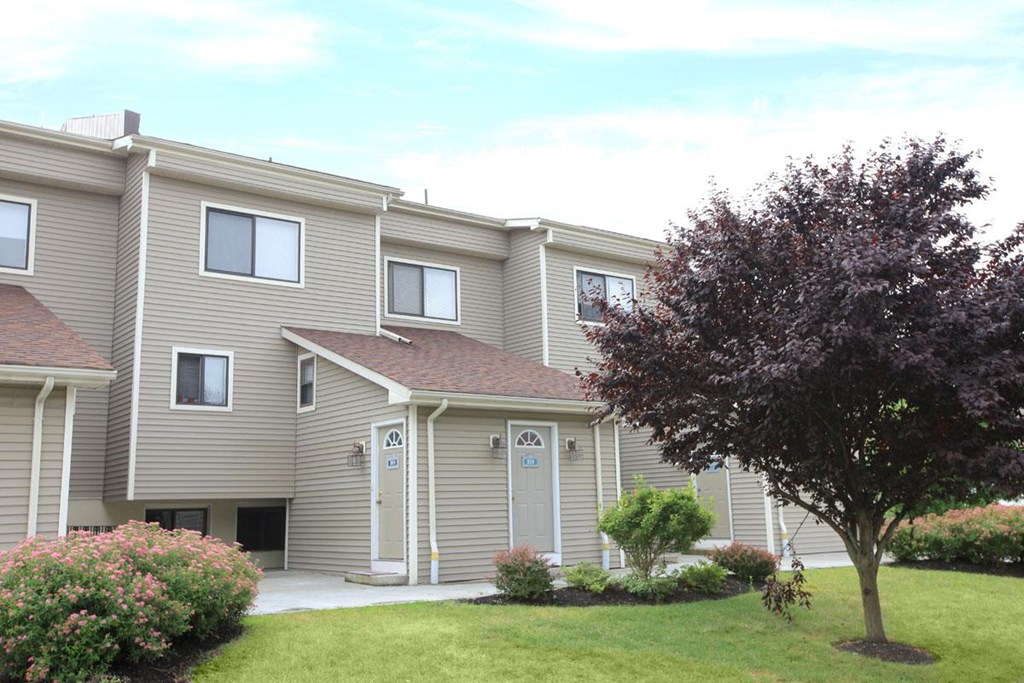 a tan house with a tree in front of it