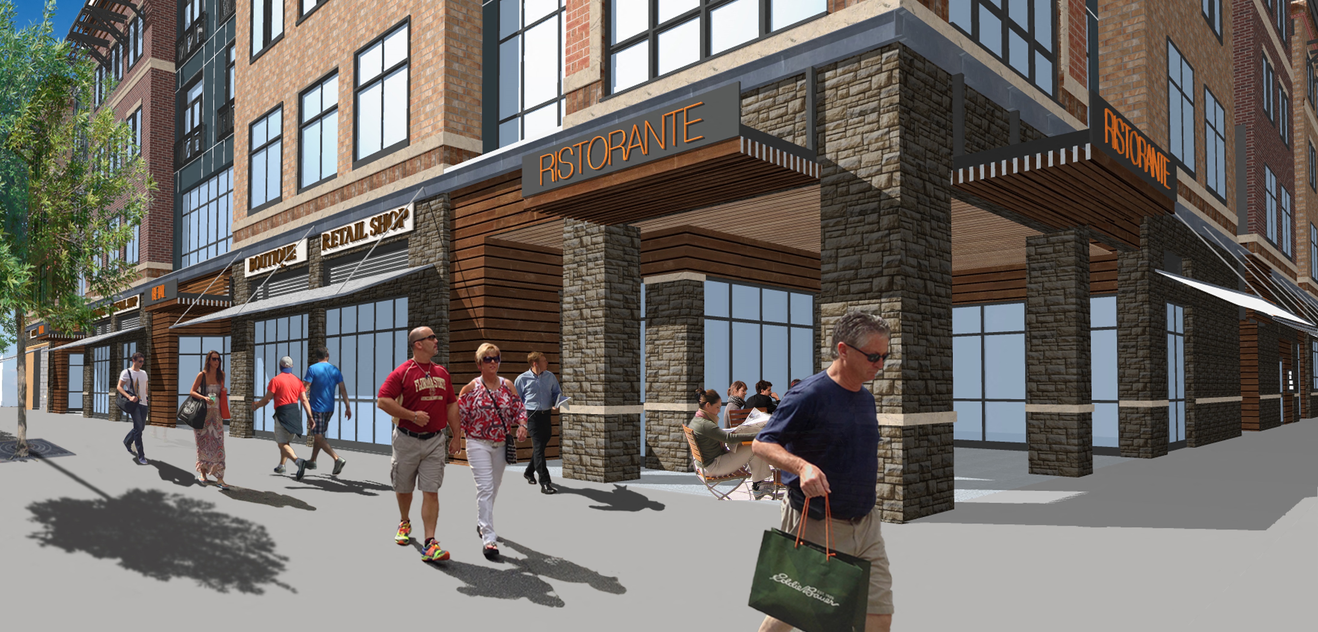 a rendering of the exterior of a building with people walking