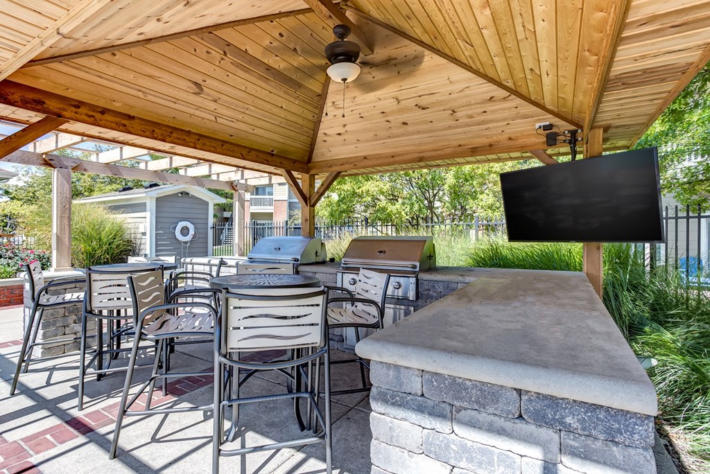 Covered seating pavillion with grill and flat screen tv