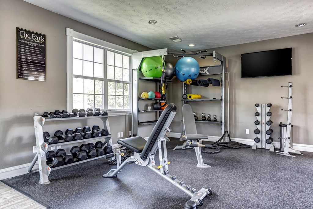 Fitness center with free weights and exercise balls