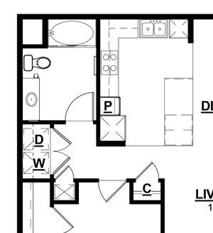 1 Bed, 1 Bath, 846 sq. ft. Plan 1A floor plan