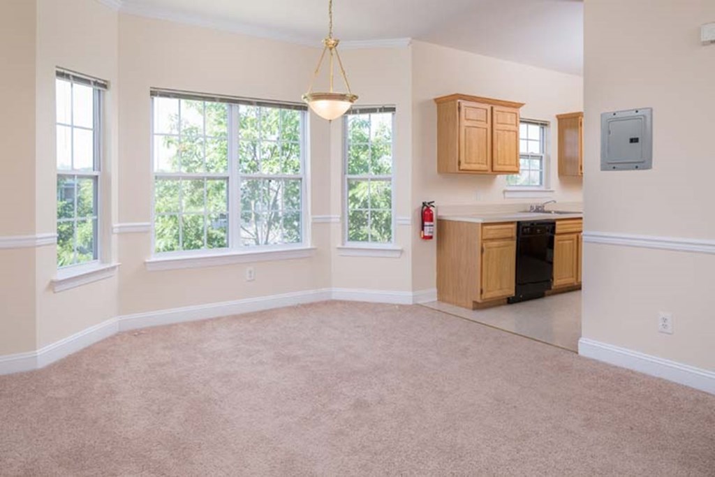 an empty kitchen and living room with a sink and a window