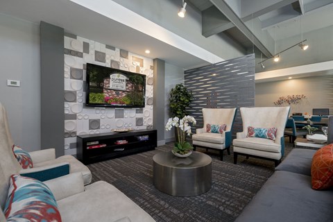 a living room with couches and chairs and a television