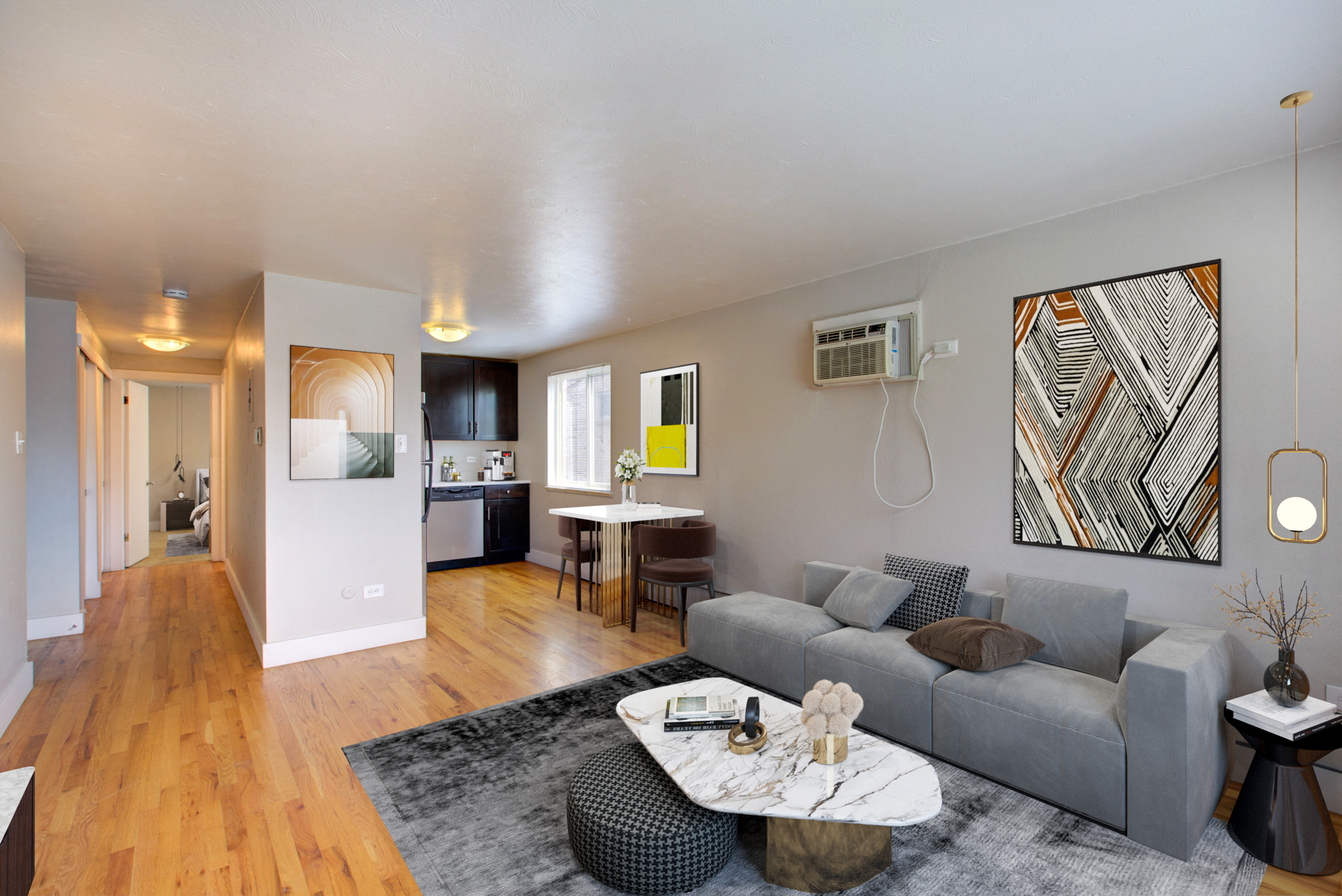 a living room with a couch and a coffee table