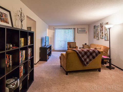 a living room with a couch and a book shelf