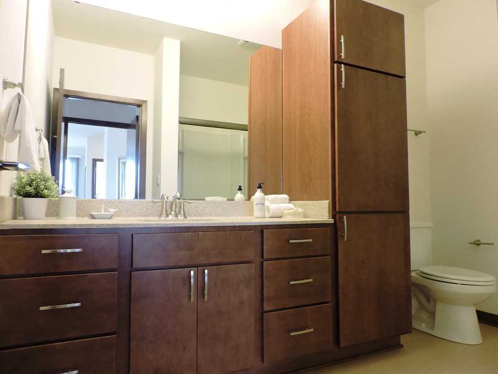 a bathroom with wooden cabinets and a sink and a mirror