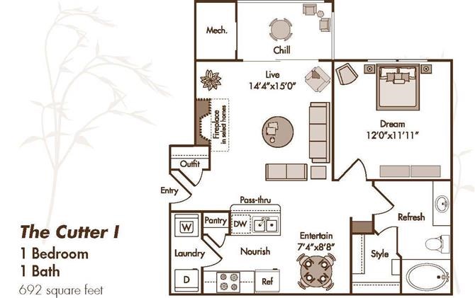 Interiors 1 Bedroom with Updated Kitchen with Breakfast Bar and Pantry, Open-Concept Living and Dining, Queen Sized Bedroom, Spa Bath, Walk in Closet, Washer/Dryer, Patio or Balcony and Optional Fireplace in Select Homes