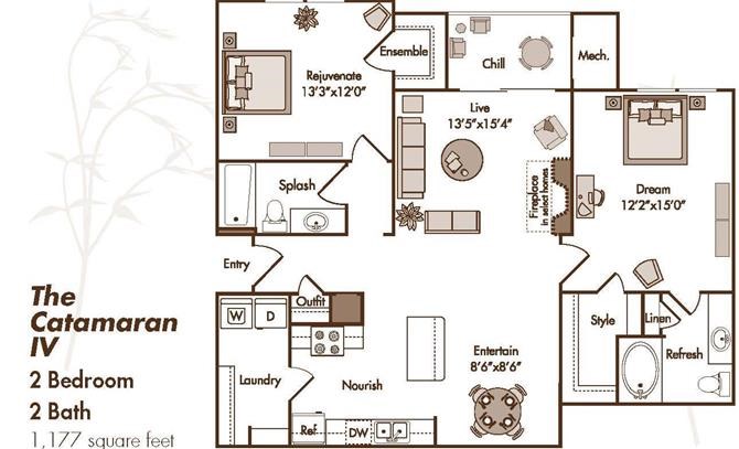 Interiors 2 Bedroom Apartment with Updated Kitchen featuring Breakfast Bar, Open-Concept Living and Dining, Washer/Dryer, Built in Desk, Dual Master Suites, Walk in Closets, 2 Spa Baths, Patio or Balcony and Optional Fireplace in Select Homes