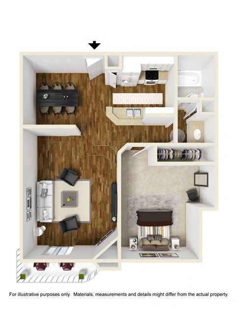1 bedroom 1 bathroom Floor plan at Palm Royale Apartments, California