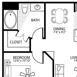 715 square Feet, 1 bedroom 1 bath, A1 Floorplan