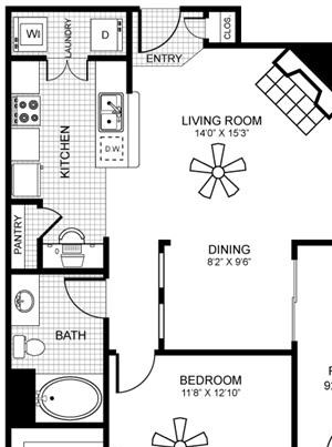 820 square Feet, 1 bedroom 1 bath, A2 Floorplan