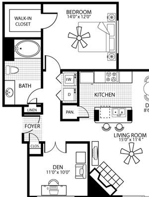 975 square Feet, 1 bedroom 1 bath, A4 D Floorplan