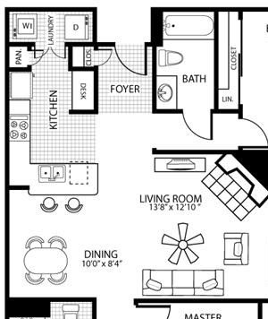 1073 square Feet, 2 bedroom 2 bath, D2 Floorplan