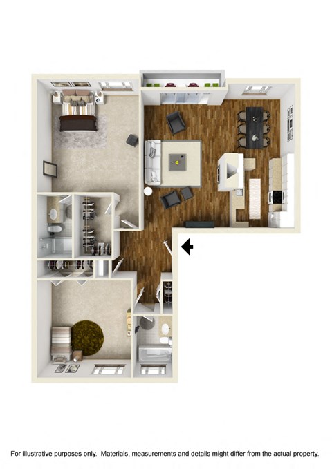 2 bedroom 2 bathroom Floor plan A at Rose Apartments, Los Angeles, CA