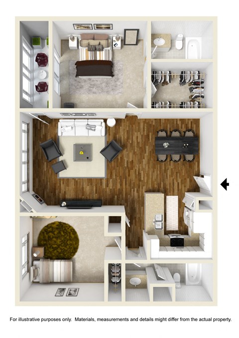 2 Bed Split Floor Plan at Town Center Apartments, Burbank, CA, 91504