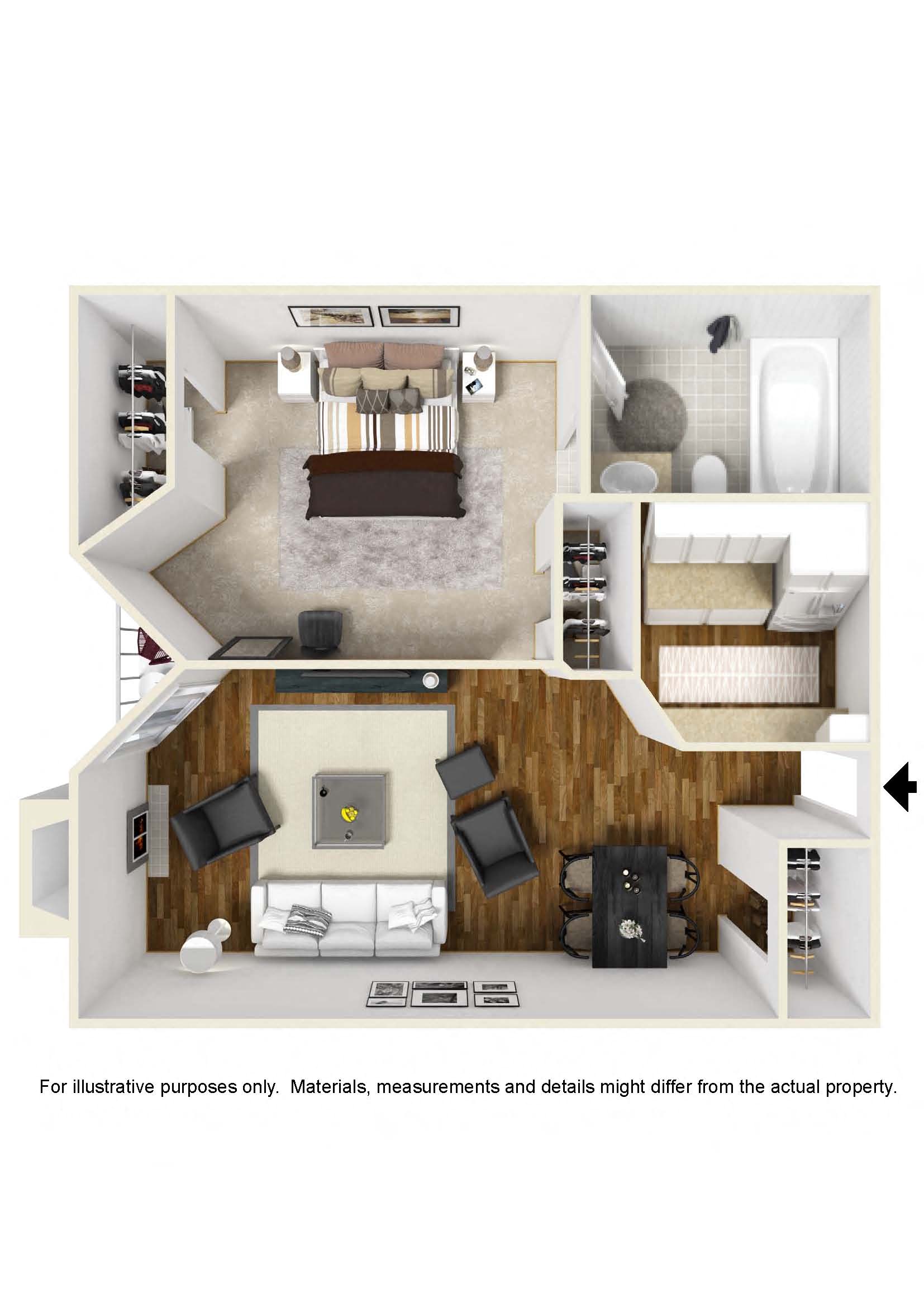 1 Bed 1 Bath Plan A at Rochester Apartments, California, 90024