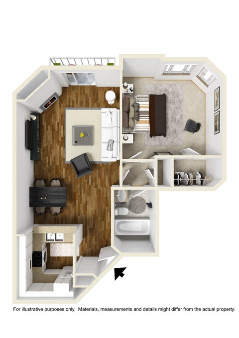 One Bedroom 1 bath B Floor Plan at Burton, Los Angeles, CA