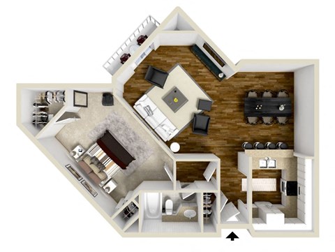 One Bedroom 1 bath D Floor Plan at Burton, Los Angeles, California