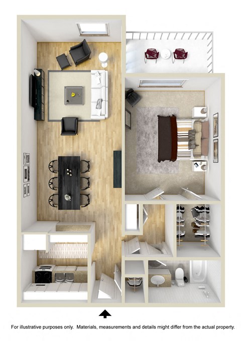 1 bed 1 bath floor plan at Meridian Apartments, Los Angeles, California