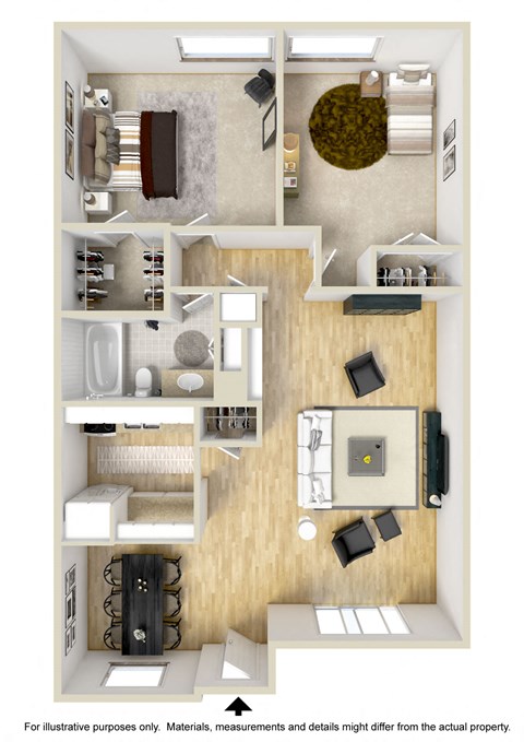 2 bed 2 bath floor plan A at Meridian Apartments, California