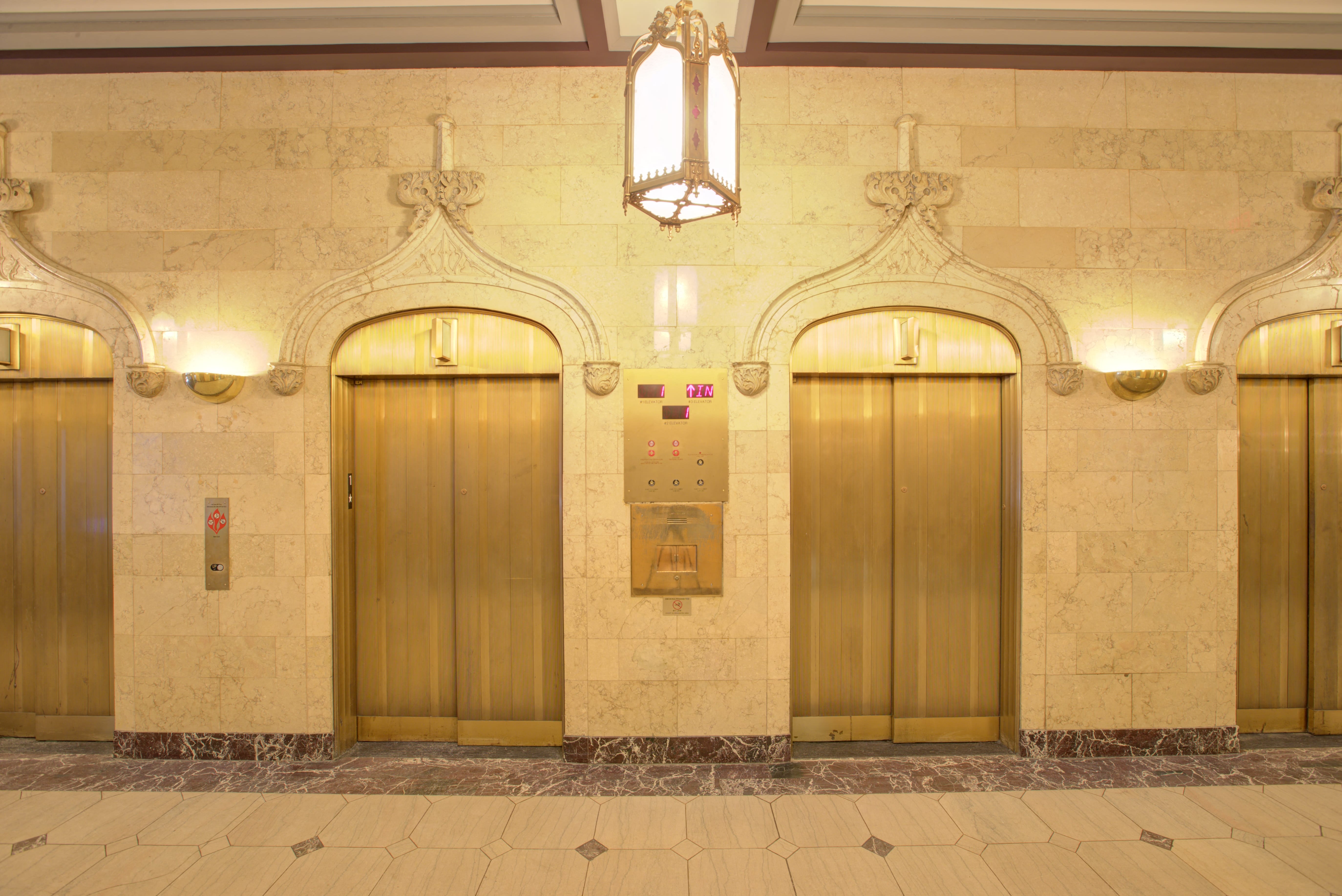 Resident Lobby with elevators at The Equitable Building, Des Moines