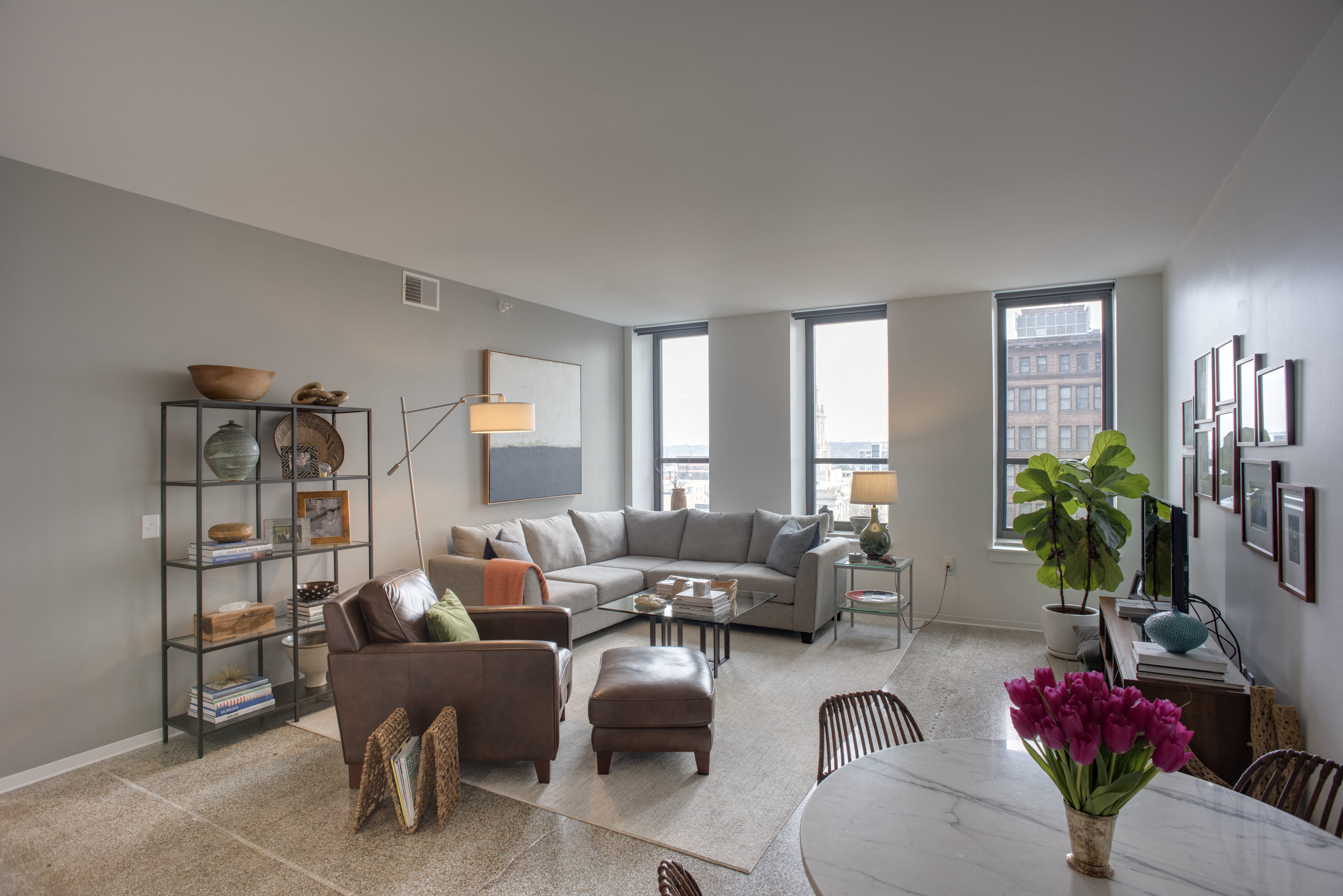 Model Living Area with views of downtown from windows