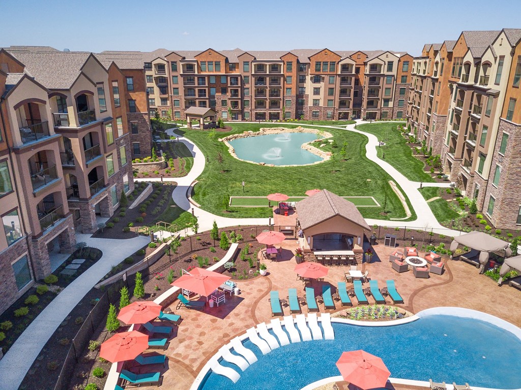 an aerial view of the pool and pond  at EdgeWater at City Center, Lenexa