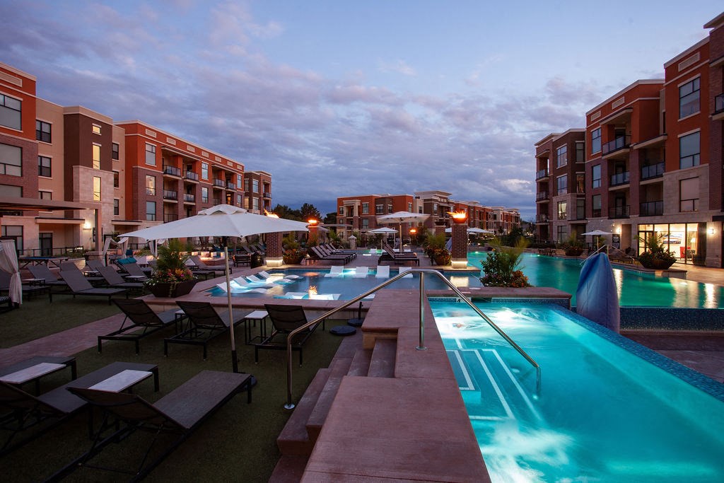 Royale pool and spa at dusk at The Royale at CityPlace, Overland Park, KS
