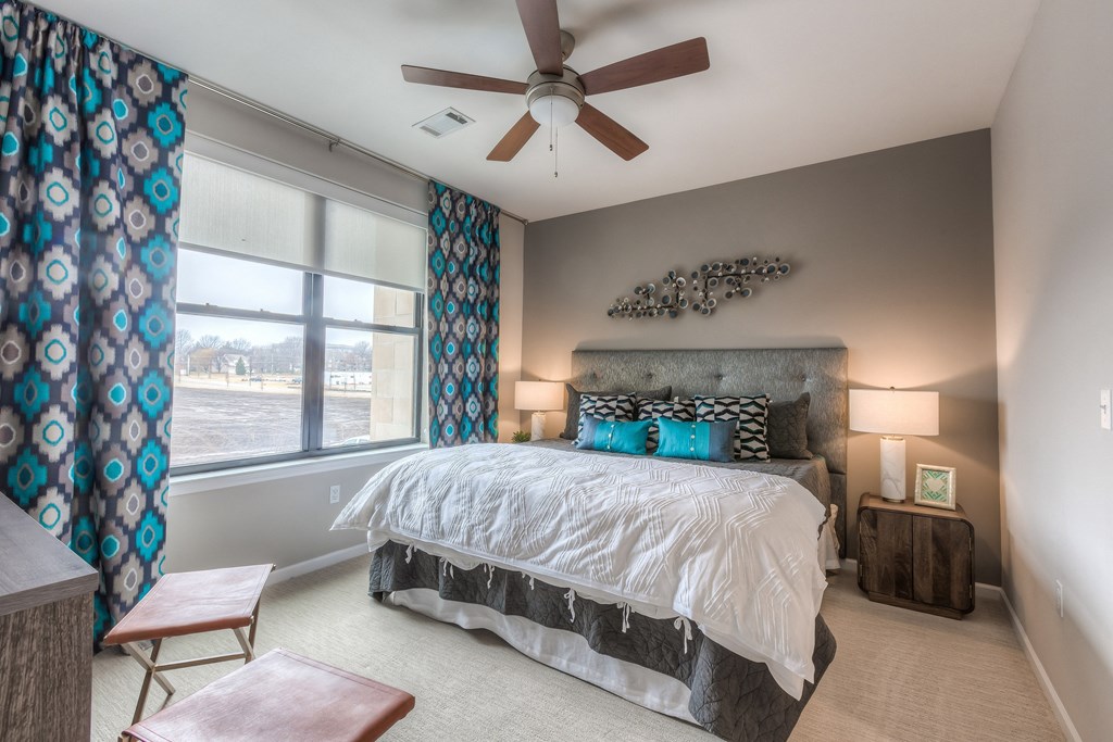 Bedroom With Ceiling Fan at The Royale at CityPlace, Overland Park, KS
